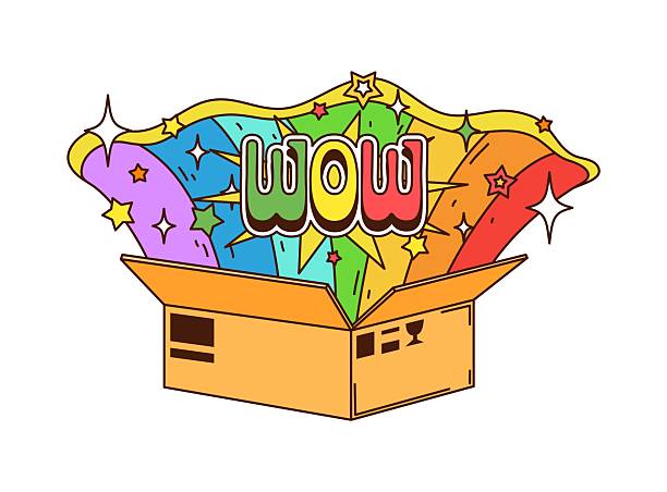 Groovy cartoon open cardboard box surprise symbol with colorful wow text popping out. Vector retro comic parcel package with bright hippie funky trippy rainbow, stars and sparkles create playful mood