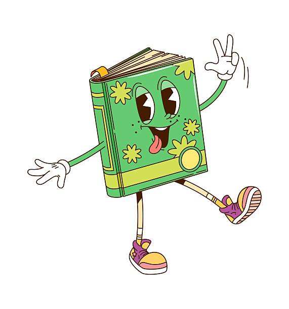 Book cartoon groovy cute character. Happy comic novel character, funny 80s groovy vector personage. Cheerful isolated mascot of book with green cover walking and showing victory hand gesture
