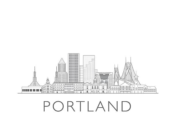 Portland skyline, Oregon, USA. Urban cityscape with landmarks and monuments. Hand drawn line art digital skyline illustration.