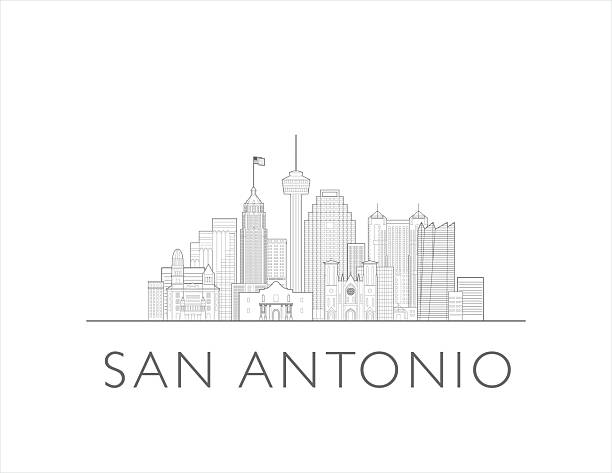San Antonio skyline, Texas, USA. Urban cityscape with landmarks and monuments. Hand drawn line art digital skyline illustration.