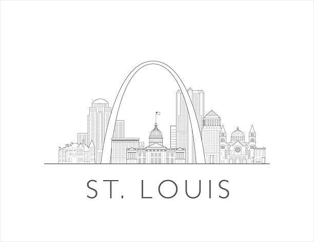 St Louis skyline, Missouri skyline, USA. Urban cityscape with landmarks and monuments. Hand drawn line art digital skyline illustration.