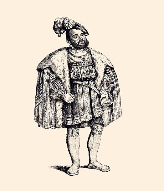 Mid-16th century male court costume (French or Italian-influenced): heavily padded and rounded doublet with elaborate slashed and paned decoration, wide trunk-hose, very voluminous fur-lined cloak with fur collar draped over the shoulders, ornate turban-style headdress adorned with feathers and jewels, full beard and mustache, prominent rounded silhouette at the torso, sword likely worn at the side. This engraving is a chromolithograph, a color printing technique typical of the late 19th century. Vintage reproduction/engraving circa late 19th century. Digital restoration by Pictore. Free of AI.