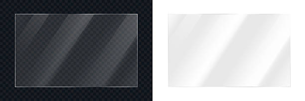 realistische, transparente, glänzende, glänzende glasplatte mit lichtreflex, reflektierender oberflächeneffekt, glänzendes transparentes kunststoffpanel, klare kunststofffolien mit reflexion auf transparentem und weißem hintergrund - spiegelung stock-grafiken, -clipart, -cartoons und -symbole