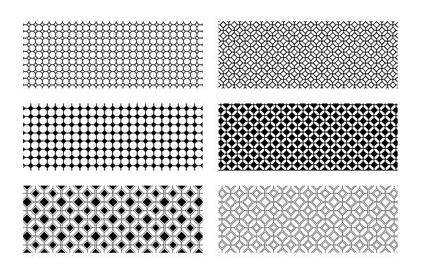 Set of floor or wall tile backgrounds with hexagon and square shapes. Asian ceramic mosaic textures. Cafe or restaurant interior ornaments. Simple geometric prints. Vector graphic illustration.