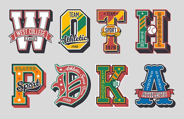 Varsity sport patch labels and athletic team badges for college or university jacket. Vector vintage varsity patch letters with baseball and american football balls, flags, stars and ribbon banners