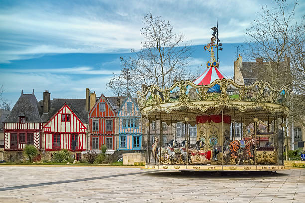 Vannes, beautiful old half-timbered houses in the center, with a merry-go-round, city in Brittany