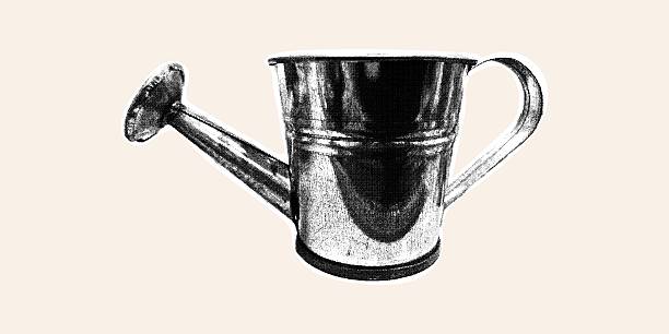 A metal watering can on a light background. Trendy halftone collage. Vintage garden tool for plant care and watering. Classic equipment for gardening, agriculture, homesteading, and spring hobbies. Vector illustration