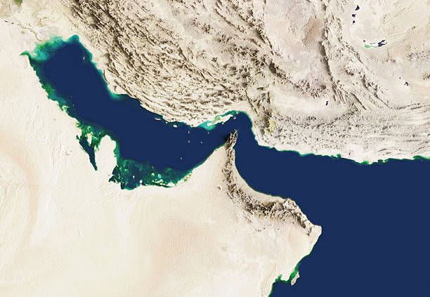The Strait of Hormuz is an oil transportation route that is currently facing a crisis. 3D rendering of the Strait of Hormuz. Satellite view. Elements of this image furnished by NASA. *https://www.blender.org/*https://science.nasa.gov/earth/earth-observatory/collections/blue-marble/