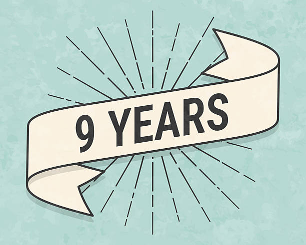 9 Years. Banner, ribbon, label in a trendy vintage style. Beautiful retro ribbon with old textured paper and sunbursts in the background. Colors used: green, blue, beige and black. The banner is beige with a black outline, the sunbursts and the text are black. The background is green-blue. Vector Illustration (EPS file, well layered and grouped). Easy to edit, manipulate, resize or colorize. Vector and Jpeg file of different sizes.
