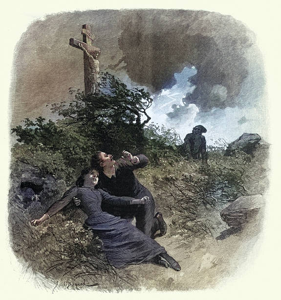 Young couple by a wayside cross, scared by a stranger, Victorian romance, Vintage illustration 19th Century, Scene from Reparation par Jean Carol, Emile Bayard