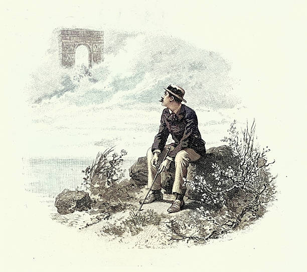 Young man dreaming of France, seeing the Arc de Triomphe, Victorian romance, Vintage illustration 19th Century, Scene from Reparation par Jean Carol, Emile Bayard