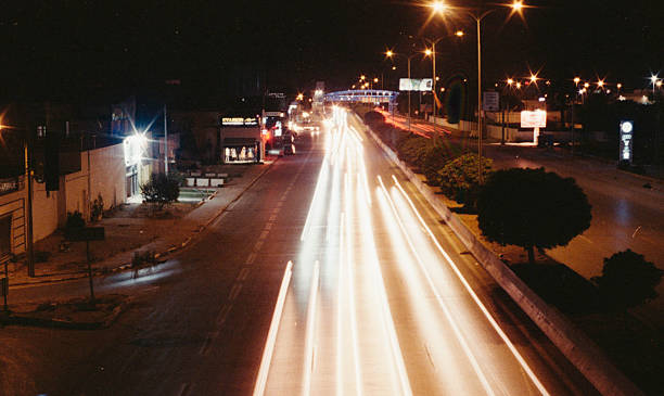 Night traffic light trails on urban road in Tunisia