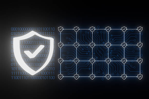 Digital security shield with network grid and binary code in a modern technology setting stock photo