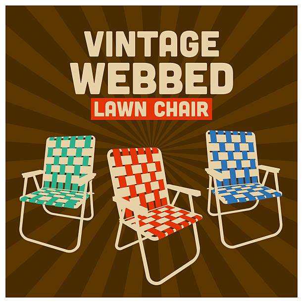 Vintage webbed lawn chairs illustration featuring three colorful retro folding chairs. Classic woven outdoor furniture inspired by mid-century summer vibes, perfect for beach, camping, backyard, or vintage design themes.