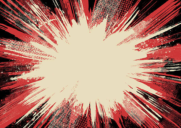 Red and black explosion of paint brush strokes and grunge textures. Fun comic book action zoom blast explosion vector illustration on beige background