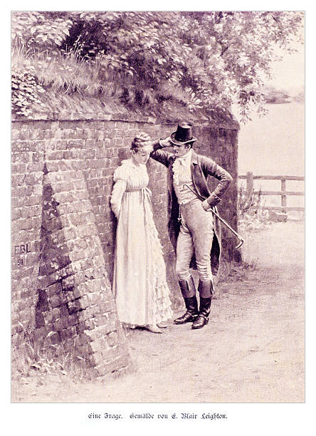 Authentic 19th-century illustration after the painting 'A Question' by Edmund Blair Leighton (1891). A man in a top hat and riding boots leans against a brick wall, speaking to a demure woman in a white dress. The scene depicts a romantic or serious conversation in a rural setting, characteristic of the Regency era.