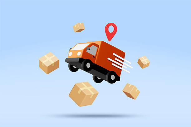 3D vector illustration of fast orange delivery truck with red location pin and flying brown boxes on blue background. Concept for online shopping fast shipping logistics transport banner template.