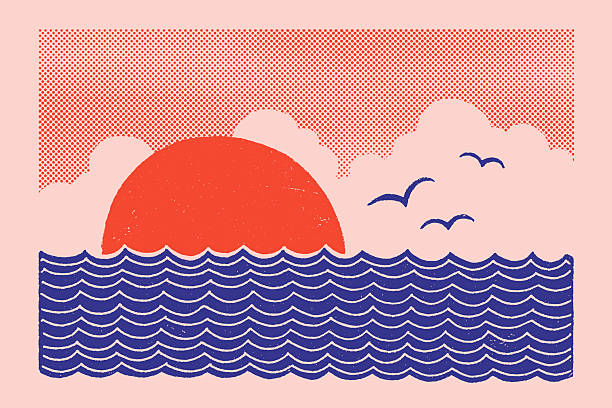 Modern vintage–inspired illustration featuring sun, ocean waves, clouds and seagulls. Hand-drawn bold, simplified forms with hand-crafted textures. Summer beach background in retro color palette.