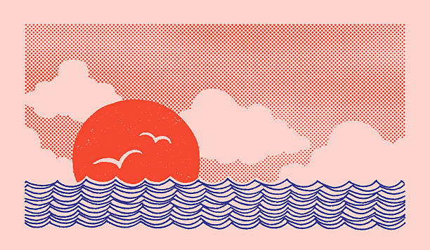Modern vintage–inspired illustration featuring sun, ocean waves, clouds and seagulls. Hand-drawn bold, simplified forms with hand-crafted textures. Summer beach background in retro color palette.