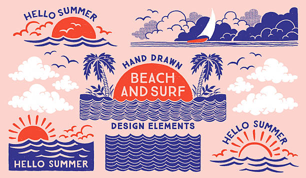 Modern vintage–inspired beach and surf design elements featuring sun, ocean waves, palm trees, clouds, birds and a sailboat. Hand drawn bold, simplified forms with hand-crafted textures. Summer beach badges and labels in retro color palette. Designed for contemporary branding, packaging, apparel, posters and summer-focused graphic design projects.