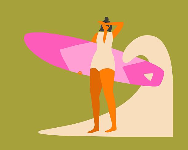 Flat illustration of a girl with a pink surfboard standing on the beach. Groovy cartoon vector for a postcard, sticker or cover.