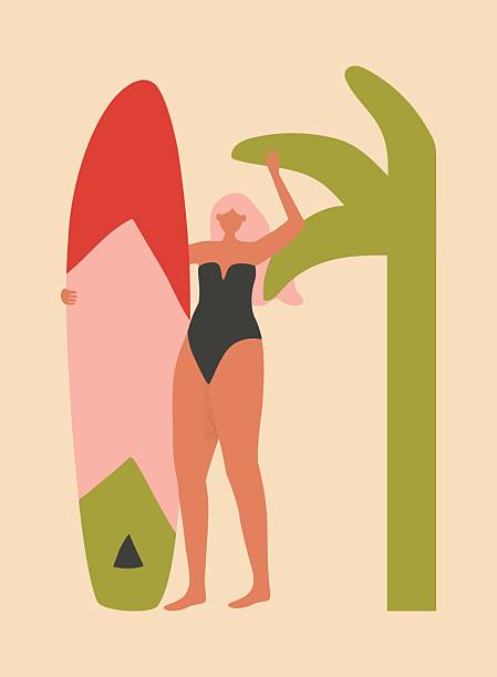 A girl stands on the beach with a surfboard near a palm tree. Groovy cartoon vector illustration for postcard, sticker or t shirt.