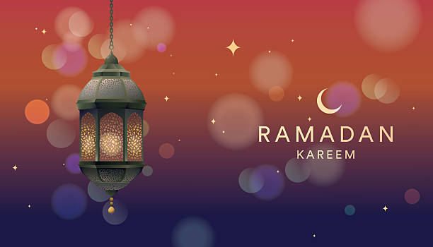 Ramadan Kareem lantern, celebration lamp or fanous in dark stars and crescent background. Arab islam culture festival decoration religious glowing symbol, vector illustration
