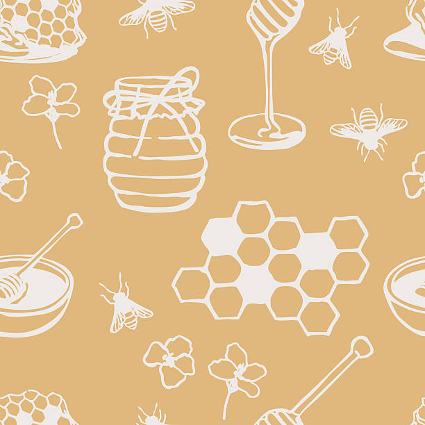 Seamless pattern with hand-drawn honey jars, honeycomb, bees, flowers, and honey dippers on a warm yellow background