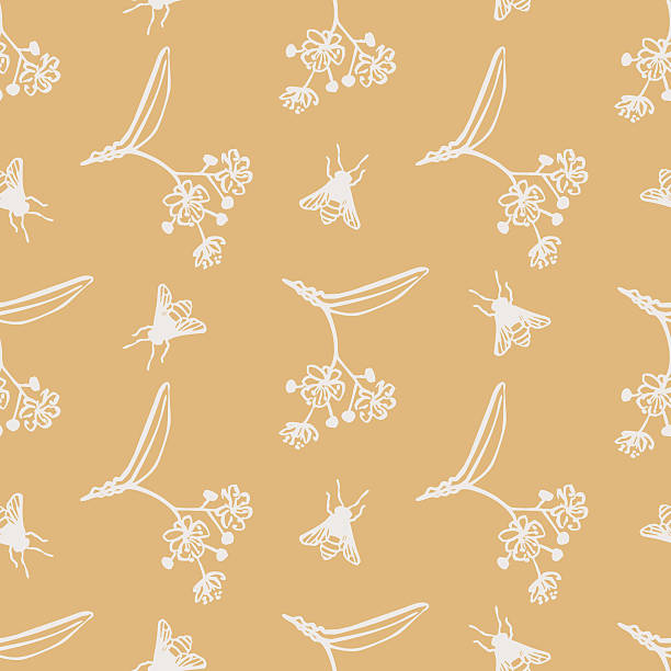 Seamless pattern with hand-drawn bees and linden tree flowers on a warm yellow background