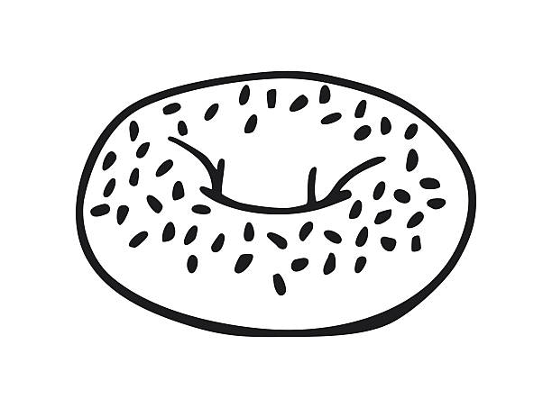 Bagel bread with sesame seeds in simple black outline style