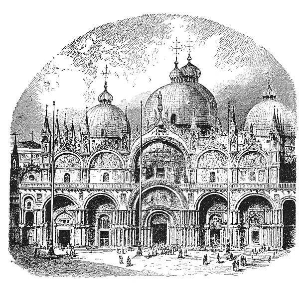 St. Mark's Basilica in Venice, showcasing its magnificent domes, intricate arches, and ornate facade details with figures gathered at the entrance, bringing life to the historic architectural scene, old vintage illustration, 1898.