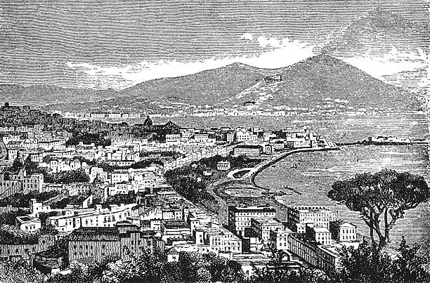 Naples, coastal city with dense historic buildings along its curving shoreline, extending toward distant mountains in the background, capturing the intricate architectural and natural details of the Italian port city, old vintage illustration, 1898.