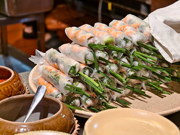 Stack of freshly prepared Vietnamese spring rolls