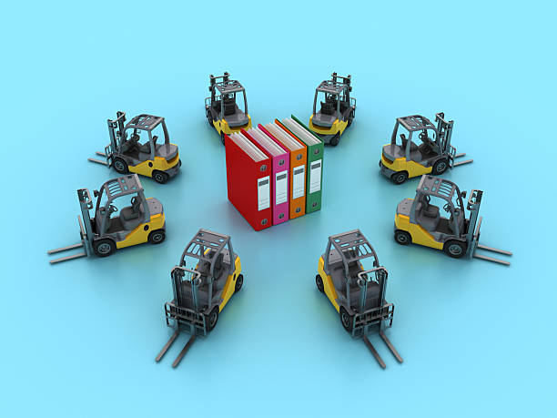 Circle of Forklift Trucks with Ring Binders - Color Background - 3D Rendering
