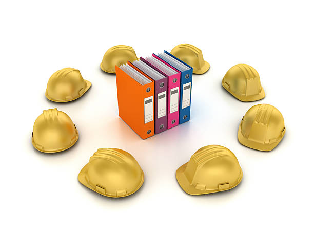 Circle of Construction Helmets with Ring Binders - White Background - 3D Rendering