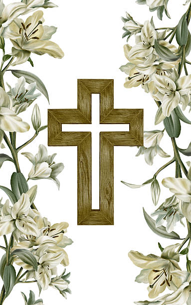 Vintage white lily branches with wooden cross,arranged in a vertical template for religious ceremonies.Soft watercolor with muted tones for First Communion,baptism,wedding or memorial cards. High quality illustration