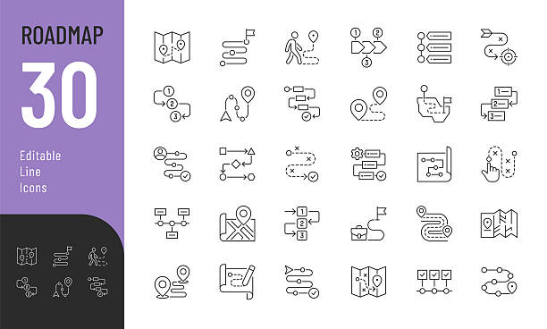 Roadmap Line Editable Icons set. Vector illustration in modern thin style of business related icons: strategy, plan, goal, and more. Isolated on transparent background. the end stock illustrations