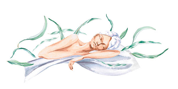Watercolor illustration of a woman sleeping in a towel among eucalyptus leaves. Isolated illustration for spas, natural cosmetics brands, wellness websites, health magazines