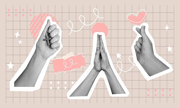 Christian Halftone Collage with folded in prayer hands, palm with a christian cross, Korean finger heart and abstract elements. Vector christian background