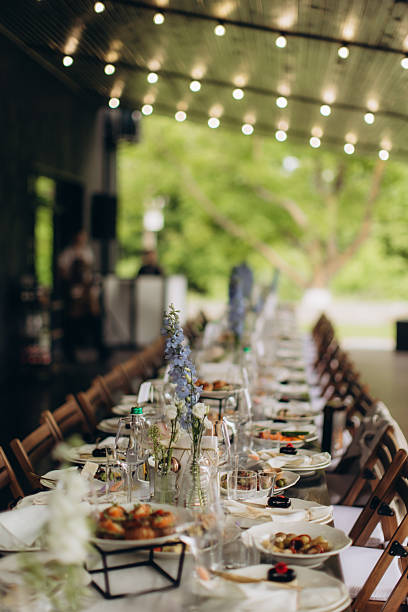 Outdoor wedding reception table set for celebration