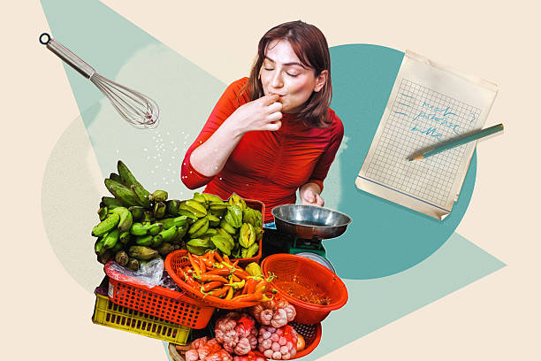 collage with food elements, hands holding mobile phone and eating woman