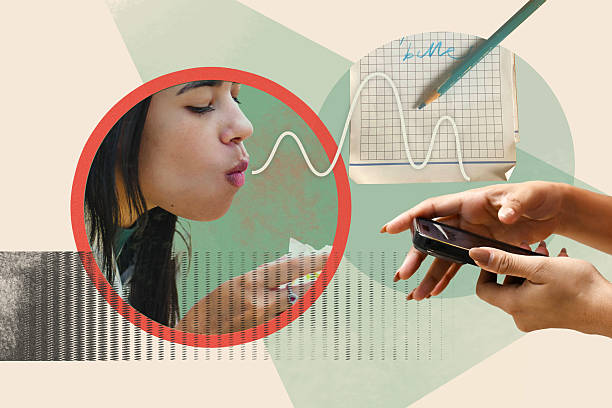 collage with weight balance, hands holding mobile and woman eating on textured background