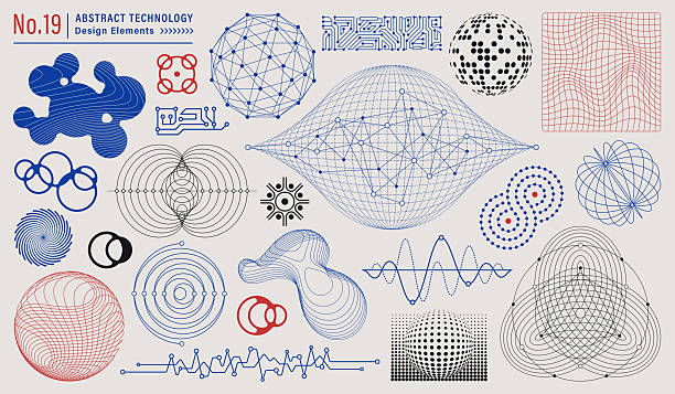 Abstract technology collection of design elements. Wire mesh line art. Retro futuristic vector illustration with editable strokes.