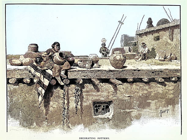 Decorating pottery in a Zuni village, Zuni are Native American Pueblo peoples native to the Zuni River valley, Victorian, 19th Century