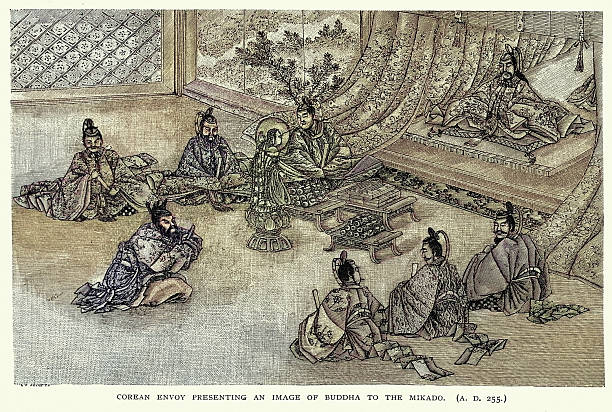 History Japan, Korean envoy presenting an image of Budda to the Emperor of Japan or Mikado, AD 255 Vintage illustration