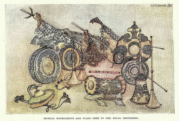 History, Japanese, Musical instruments and flags used in the Royal procession Vintage illustration
