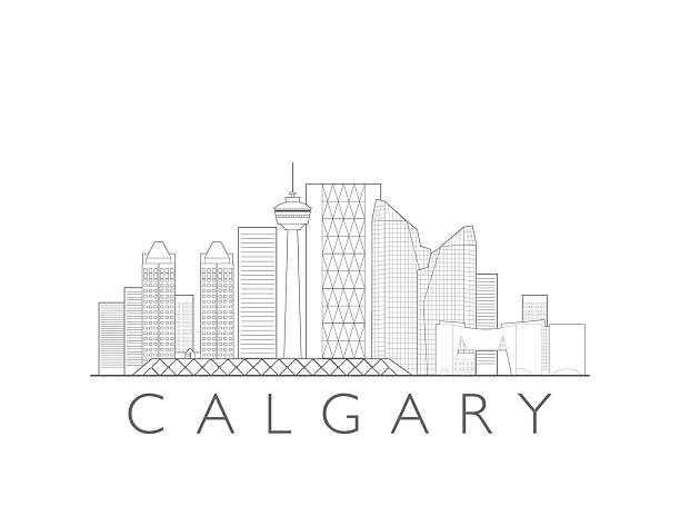 Calgary, Alberta skyline, Canada. Urban cityscape with landmarks and monuments. Hand drawn line art digital skyline illustration.