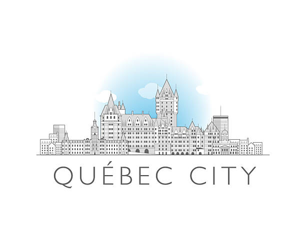 Quebec City, Quebec, skyline, Canada. Urban cityscape with landmarks and monuments. Hand drawn line art digital skyline illustration.