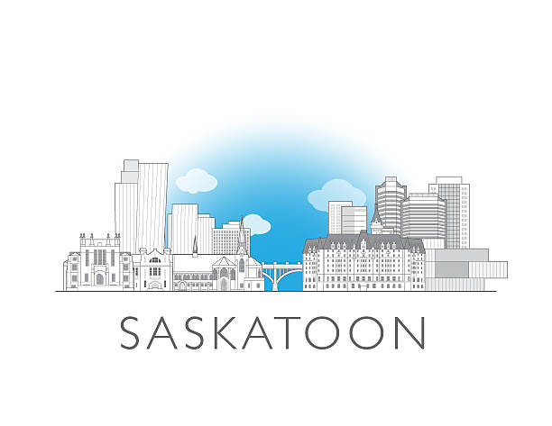 Saskatoon, Saskatchewan, skyline, Canada. Urban cityscape with landmarks and monuments. Hand drawn line art digital skyline illustration.