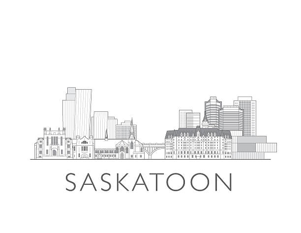 Saskatoon, Saskatchewan, skyline, Canada. Urban cityscape with landmarks and monuments. Hand drawn line art digital skyline illustration.